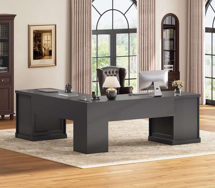 SEDETA® 67 Inch L Shaped Computer Desk American Style Large Executive Desk with Power Strip 4 File Drawers Storage Cabinet Adjustable Shelf