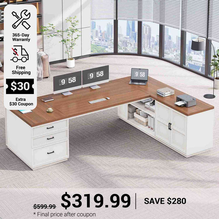 SEDETA 78.7 Inch L Shaped Executive Desk with 3 Drawers Modern Corner Computer Desk with Storage Cabinet Power Outlet Large Home Office Desk with CPU Stand