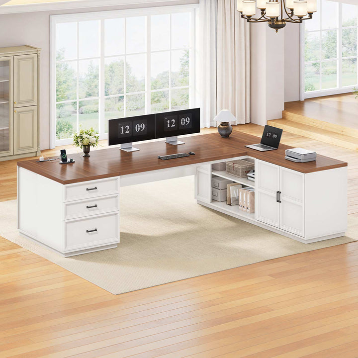 SEDETA® 78.7 Inch Corner Computer Desk L Shaped Executive Desk Modern Large Home Office Desk with Power Outlet CPU Stand Storage Cabinet 3 Drawers