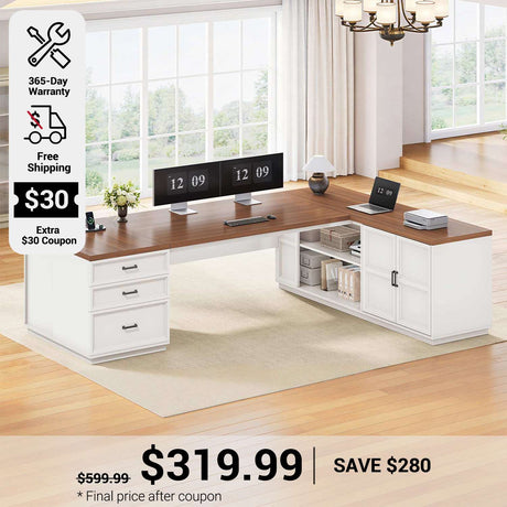 SEDETA 78.7 Inch L Shaped Executive Desk with 3 Drawers Modern Corner Computer Desk with Storage Cabinet Power Outlet Large Home Office Desk with CPU Stand