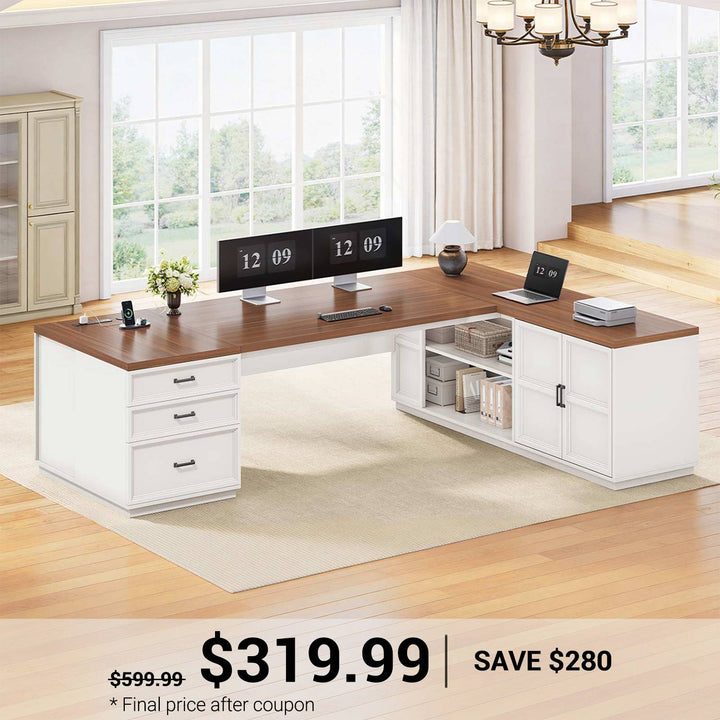 SEDETA 78.7 Inch L Shaped Executive Desk with 3 Drawers Modern Corner Computer Desk with Storage Cabinet Power Outlet Large Home Office Desk with CPU Stand