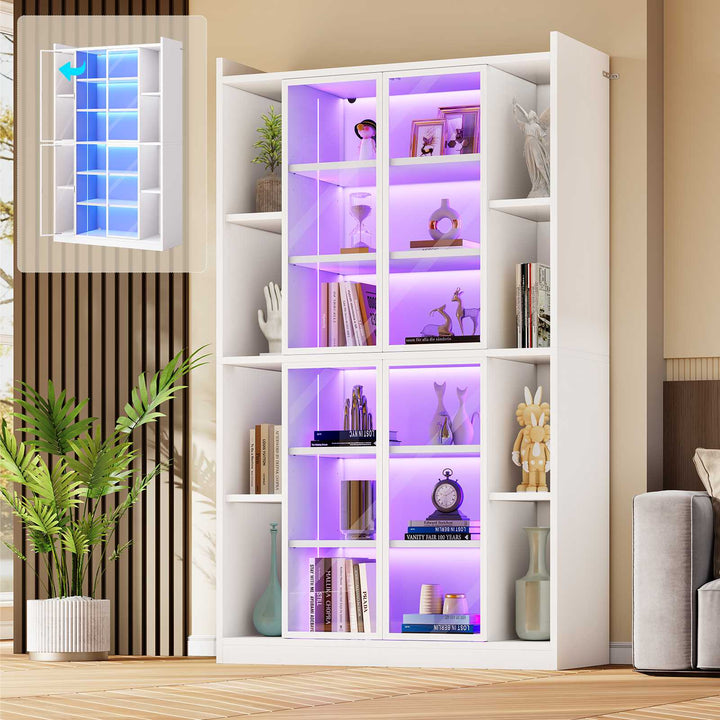 SEDETA® 70.9 Inch Bookcase with LED Lights Acrylic Transparent Display Cabinet with Glass Doors Curio Cabinet Adjustable Shelves