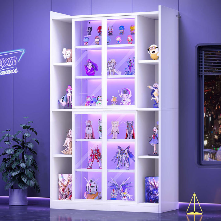SEDETA® 70.9 Inch Bookcase with LED Lights Acrylic Transparent Display Cabinet with Glass Doors Curio Cabinet Adjustable Shelves