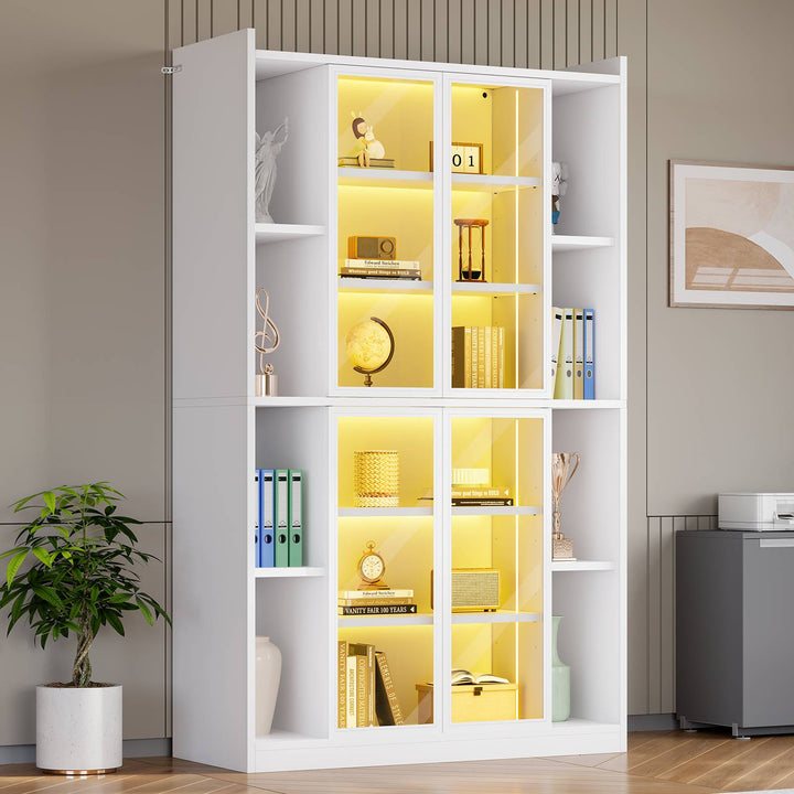 SEDETA® 70.9 Inch Bookcase with LED Lights Acrylic Transparent Display Cabinet with Glass Doors Curio Cabinet Adjustable Shelves