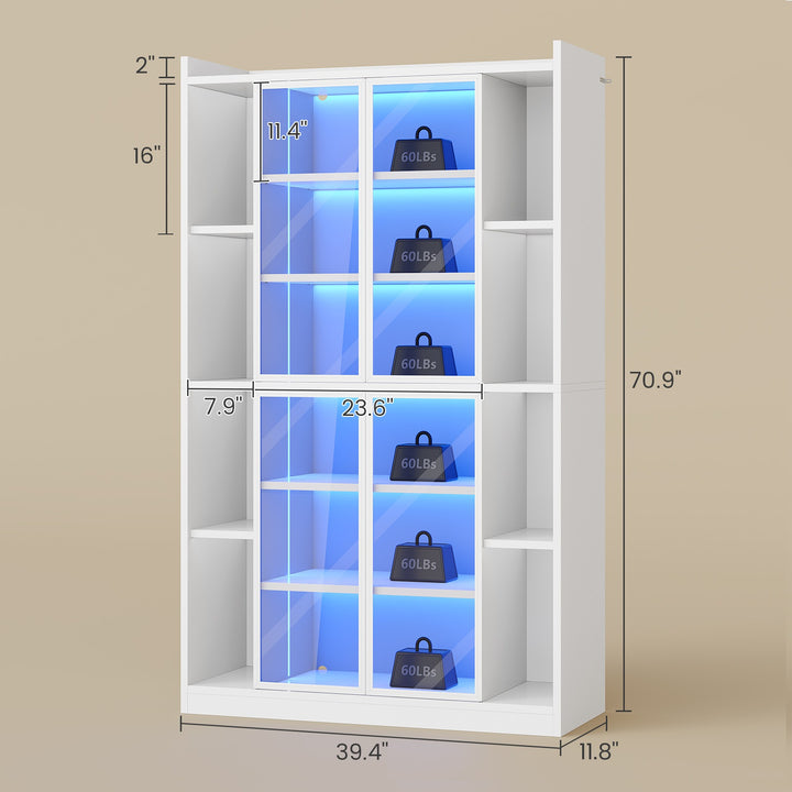 SEDETA® 70.9 Inch Bookcase with LED Lights Acrylic Transparent Display Cabinet with Glass Doors Curio Cabinet Adjustable Shelves