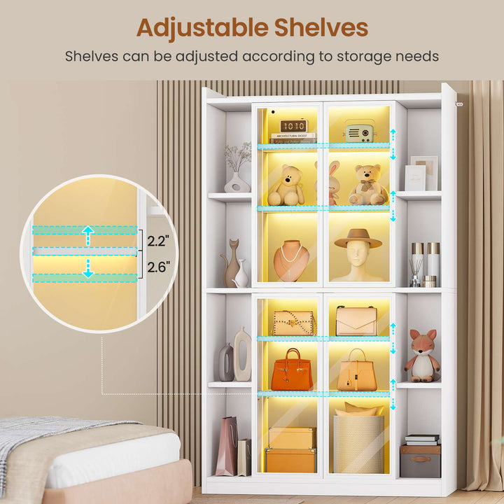 SEDETA® 70.9 Inch Bookcase with LED Lights Acrylic Transparent Display Cabinet with Glass Doors Curio Cabinet Adjustable Shelves