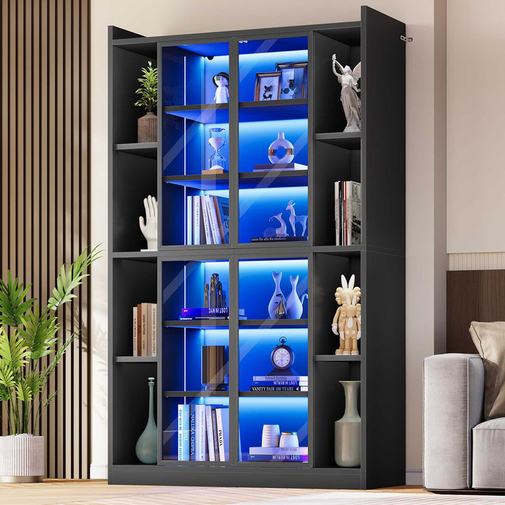 SEDETA® 70.9 Inch Bookcase with LED Lights Acrylic Transparent Display Cabinet with Glass Doors Curio Cabinet Adjustable Shelves