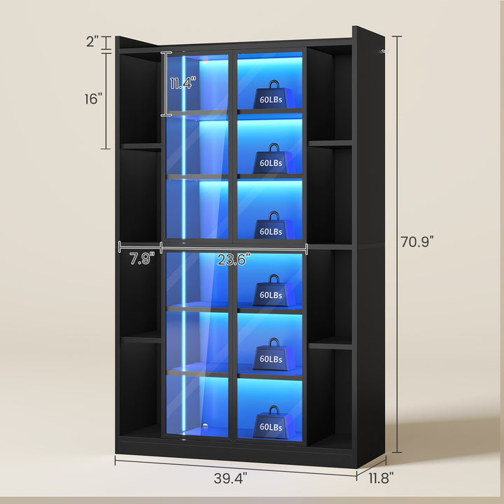 SEDETA® 70.9 Inch Bookcase with LED Lights Acrylic Transparent Display Cabinet with Glass Doors Curio Cabinet Adjustable Shelves