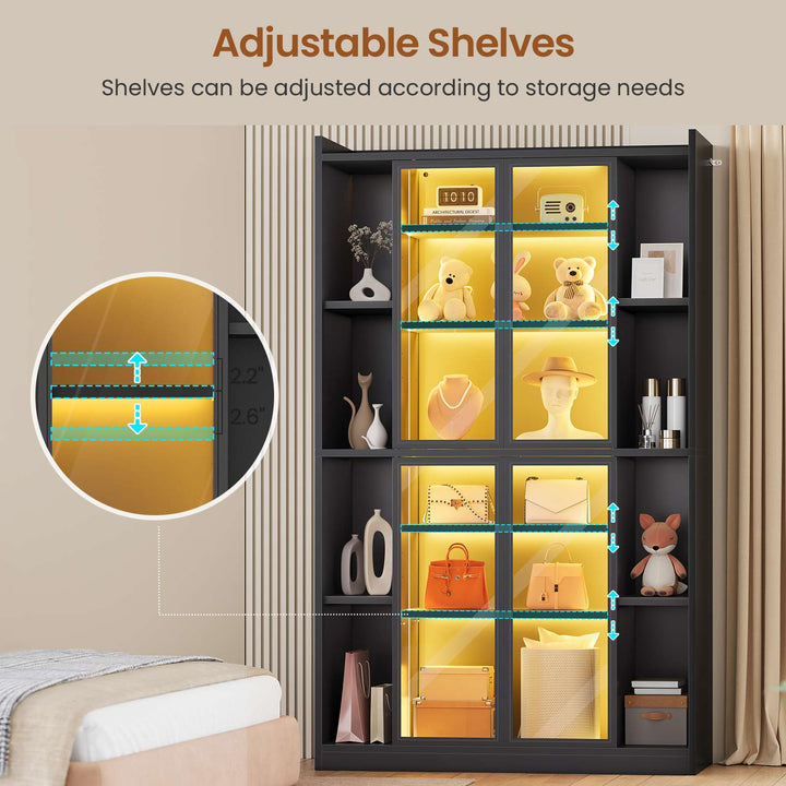 SEDETA® 70.9 Inch Bookcase with LED Lights Acrylic Transparent Display Cabinet with Glass Doors Curio Cabinet Adjustable Shelves