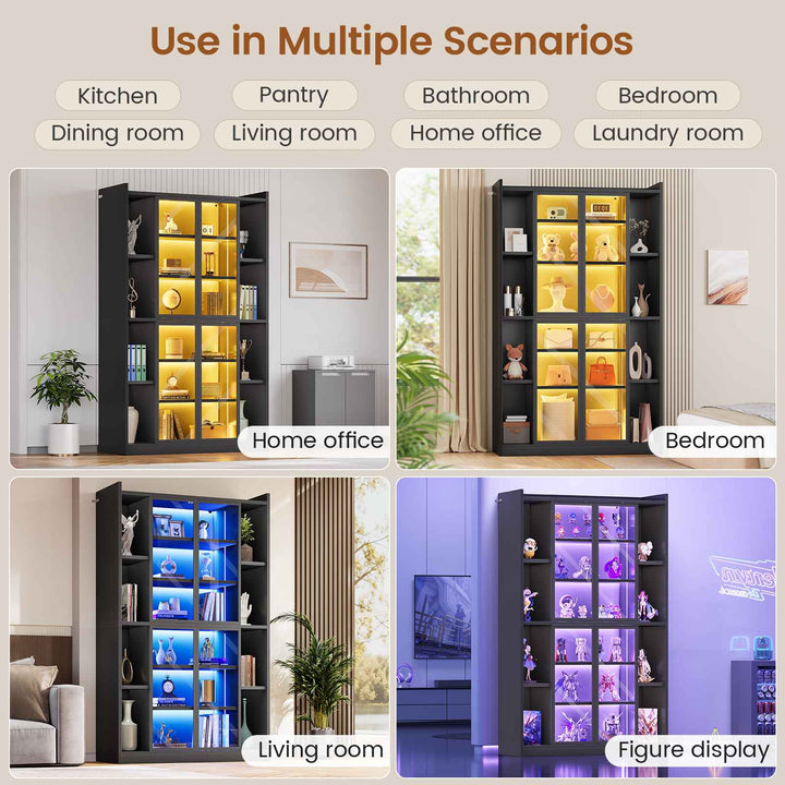 SEDETA® 70.9 Inch Bookcase with LED Lights Acrylic Transparent Display Cabinet with Glass Doors Curio Cabinet Adjustable Shelves