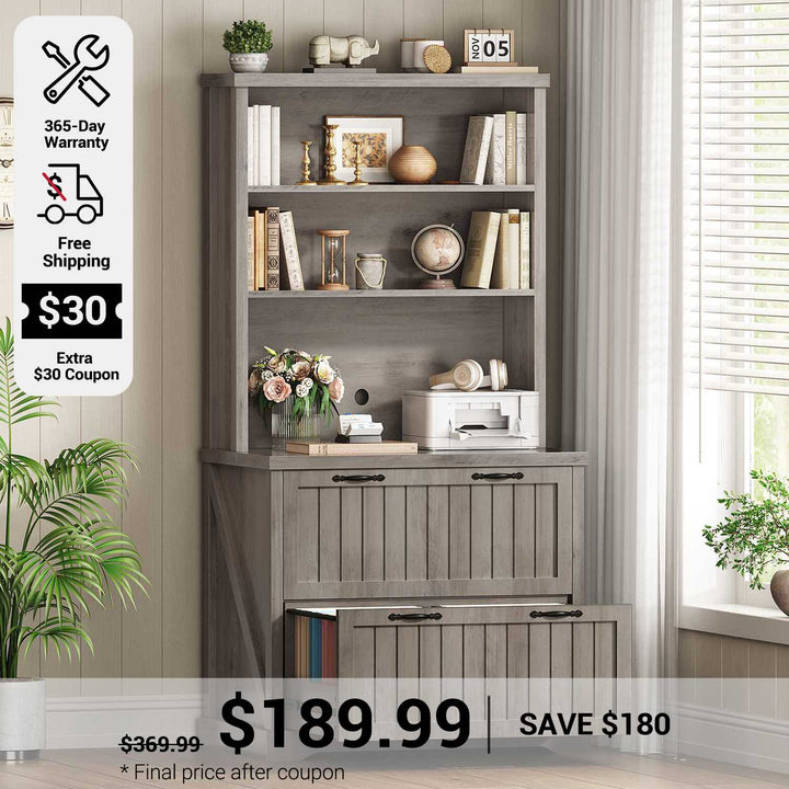 SEDETA 31.5 Inch Farmhouse Wood File Cabinet Office Lateral Filing Cabinet with 2 Drawer Storage Shelves Bookshelf Printer Stand fits Letter A4 Size