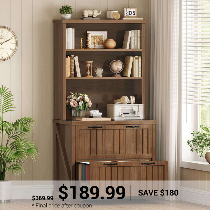 SEDETA 31.5 Inch Farmhouse Wood File Cabinet Office Lateral Filing Cabinet with 2 Drawer Storage Shelves Bookshelf Printer Stand fits Letter A4 Size