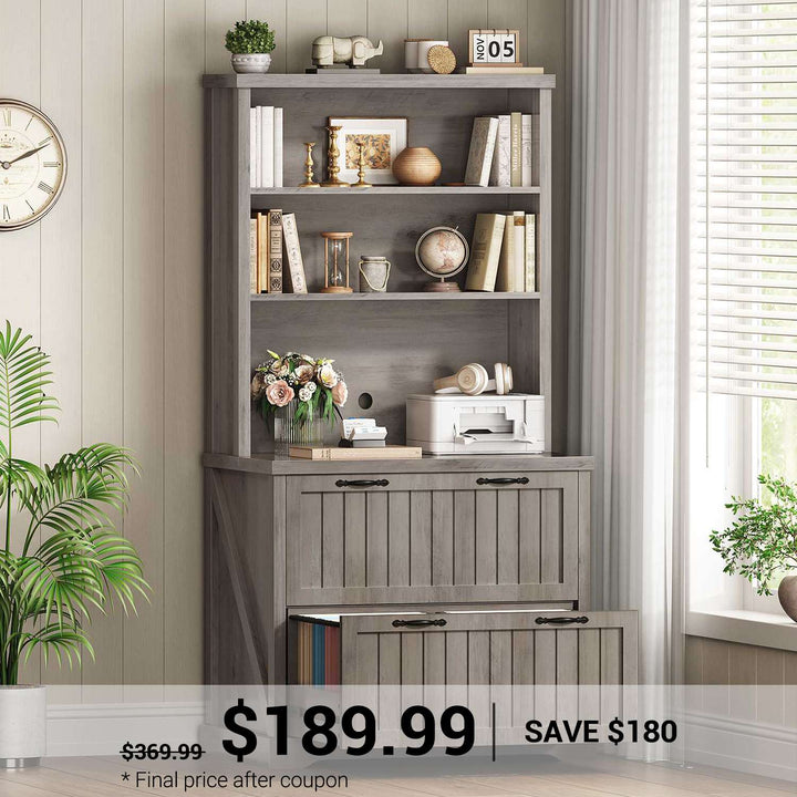 SEDETA 31.5 Inch Farmhouse Wood File Cabinet Office Lateral Filing Cabinet with 2 Drawer Storage Shelves Bookshelf Printer Stand fits Letter A4 Size