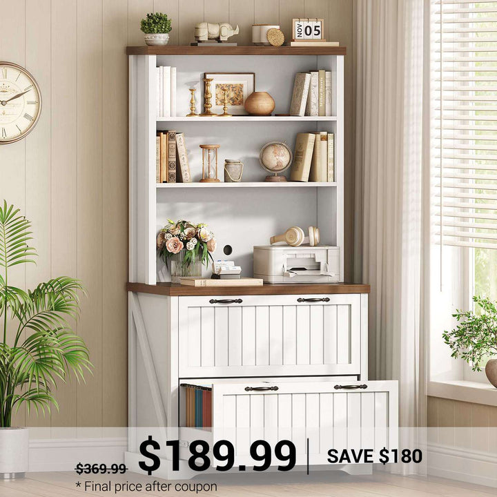 SEDETA 31.5 Inch Farmhouse Wood File Cabinet Office Lateral Filing Cabinet with 2 Drawer Storage Shelves Bookshelf Printer Stand fits Letter A4 Size