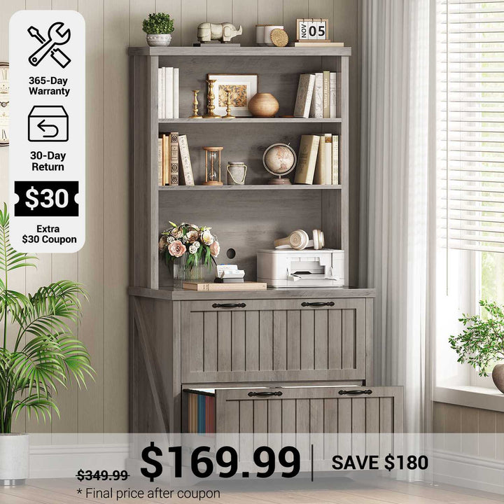SEDETA® 31.5 Inch Farmhouse File Cabinet 2 Drawers Lateral File Cabinets with Bookshelf Storage Shelves Printer Stand fits Letter A4 Size