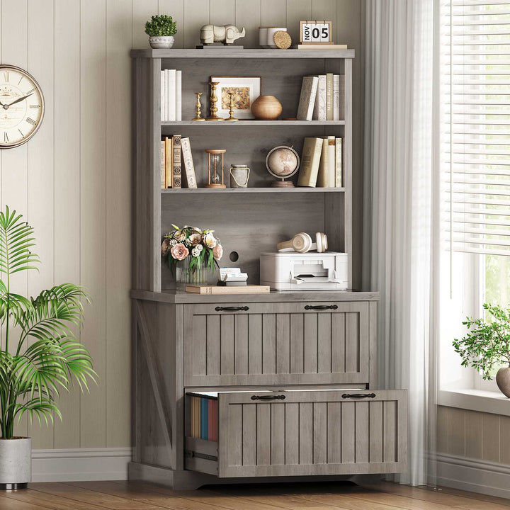 SEDETA 31.5 Inch Farmhouse Wood File Cabinet Office Lateral Filing Cabinet with 2 Drawer Storage Shelves Bookshelf Printer Stand fits Letter A4 Size