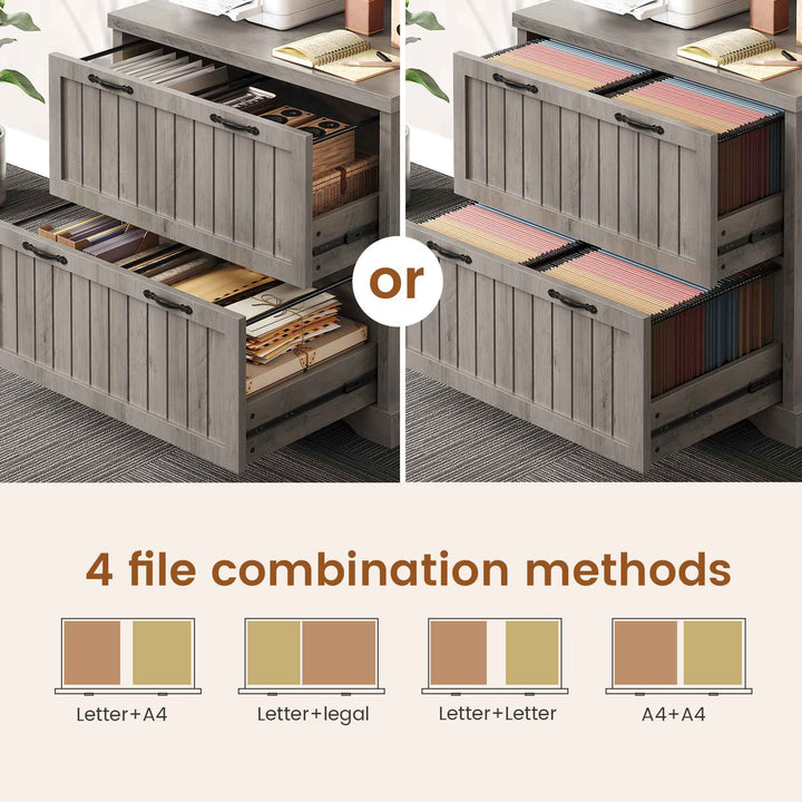 SEDETA 31.5 Inch Farmhouse Wood File Cabinet Office Lateral Filing Cabinet with 2 Drawer Storage Shelves Bookshelf Printer Stand fits Letter A4 Size