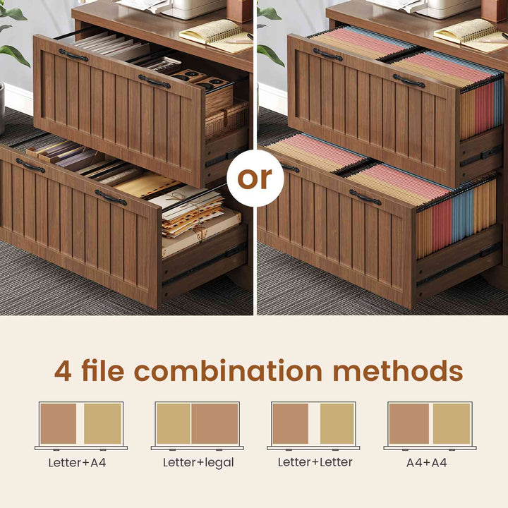 SEDETA 31.5 Inch Farmhouse Wood File Cabinet Office Lateral Filing Cabinet with 2 Drawer Storage Shelves Bookshelf Printer Stand fits Letter A4 Size