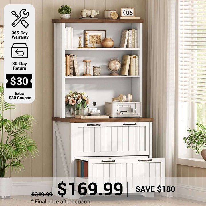 SEDETA® 31.5 Inch Farmhouse File Cabinet 2 Drawers Lateral File Cabinets with Bookshelf Storage Shelves Printer Stand fits Letter A4 Size