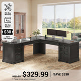 SEDETA® 67 Inch L Shaped Computer Desk American Style Large Executive Desk with Power Strip 4 File Drawers Storage Cabinet Adjustable Shelf