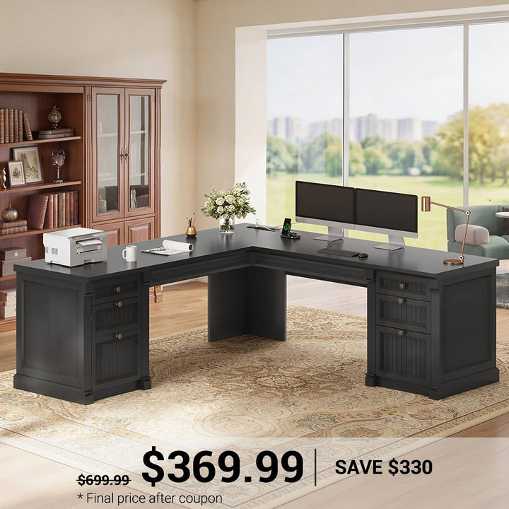 SEDETA 67 Inch L Shaped Computer Desk Large Office Executive  Desk with 4 File Drawers Storage Cabinet Power Strip