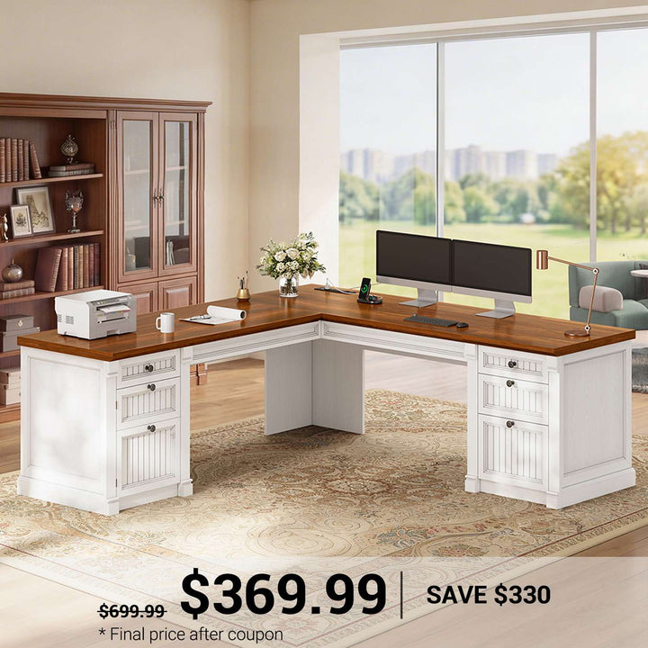 SEDETA 67 Inch L Shaped Computer Desk Large Office Executive  Desk with 4 File Drawers Storage Cabinet Power Strip