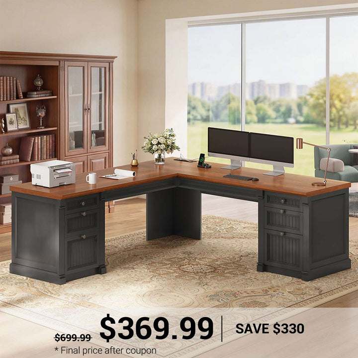 SEDETA 67 Inch L Shaped Computer Desk Large Office Executive  Desk with 4 File Drawers Storage Cabinet Power Strip