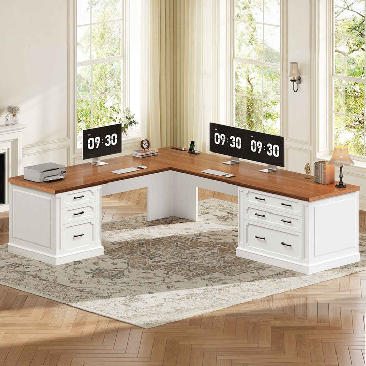 SEDETA | 78.7 Inch Corner Wood Computer Desk Farmhouse L Shaped Executive Desk with Power Outlet 6 Storage File Drawers