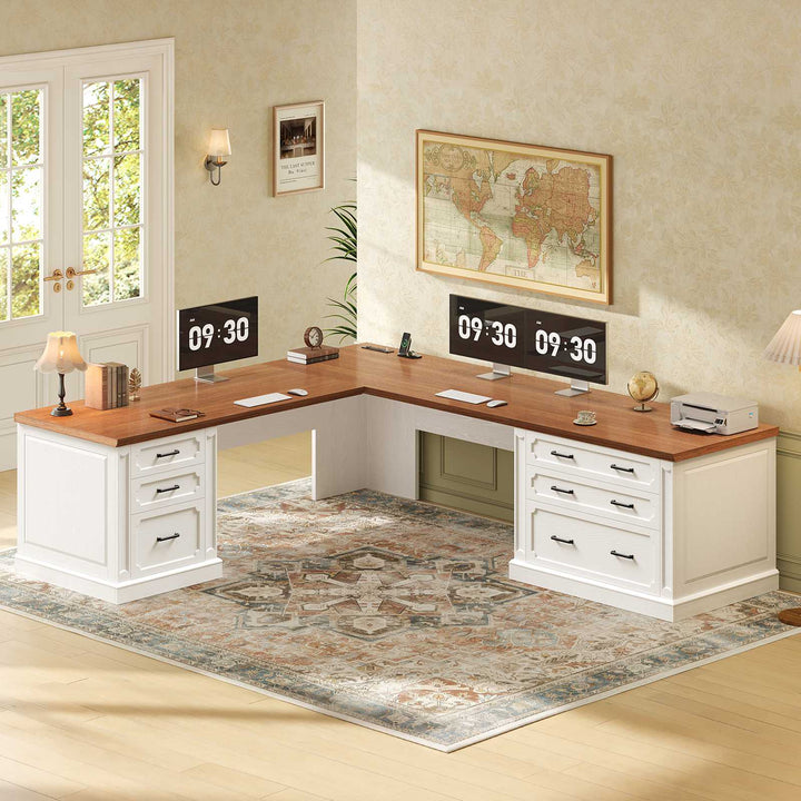 SEDETA | 78.7 Inch Corner Wood Computer Desk Farmhouse L Shaped Executive Desk with Power Outlet 6 Storage File Drawers