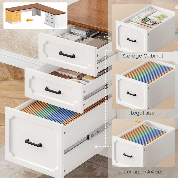 SEDETA | 78.7 Inch Corner Wood Computer Desk Farmhouse L Shaped Executive Desk with Power Outlet 6 Storage File Drawers