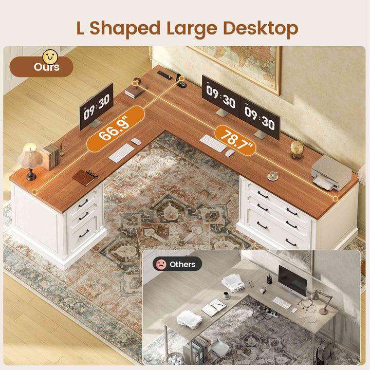 SEDETA | 78.7 Inch Corner Wood Computer Desk Farmhouse L Shaped Executive Desk with Power Outlet 6 Storage File Drawers