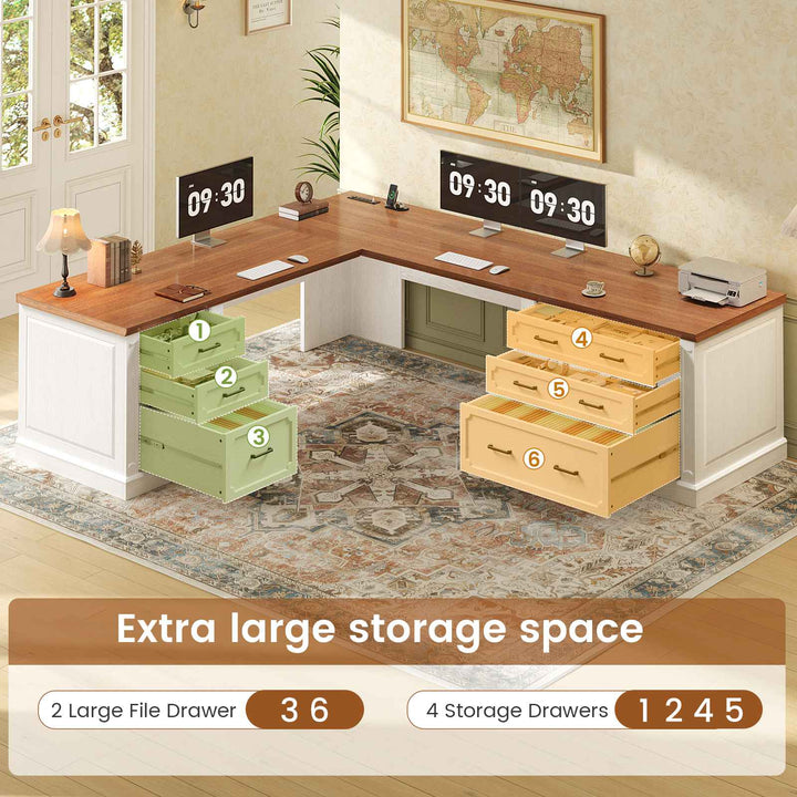 SEDETA | 78.7 Inch Corner Wood Computer Desk Farmhouse L Shaped Executive Desk with Power Outlet 6 Storage File Drawers