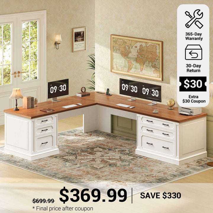 SEDETA® 78.7 Inch Farmhouse L Shaped Computer Desk Wood Executive Desk with Power Outlet 6 Storage Drawers for Home Office Work and Study