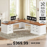 SEDETA® 78.7 Inch Farmhouse L Shaped Computer Desk Wood Executive Desk with Power Outlet 6 Storage Drawers for Home Office Work and Study