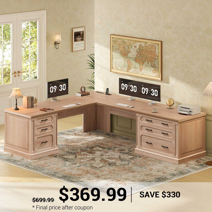 SEDETA | 78.7 Inch Corner Wood Computer Desk Farmhouse L Shaped Executive Desk with Power Outlet 6 Storage File Drawers