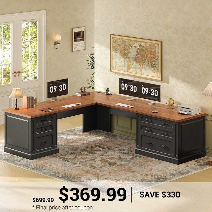SEDETA | 78.7 Inch Corner Wood Computer Desk Farmhouse L Shaped Executive Desk with Power Outlet 6 Storage File Drawers