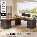 SEDETA® 67 Inch L Shaped Computer Desk American Style Large Executive Desk with Power Strip 4 File Drawers Storage Cabinet Adjustable Shelf