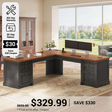 SEDETA® 67 Inch L Shaped Computer Desk American Style Large Executive Desk with Power Strip 4 File Drawers Storage Cabinet Adjustable Shelf