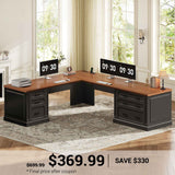 SEDETA | 78.7 Inch Corner Wood Computer Desk Farmhouse L Shaped Executive Desk with Power Outlet 6 Storage File Drawers