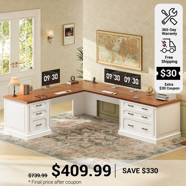 SEDETA 78.7 Inch Farmhouse Wood Corner Computer Desk L Shaped Executive Desk with 6 Storage Drawers Power Outlet for Home Office