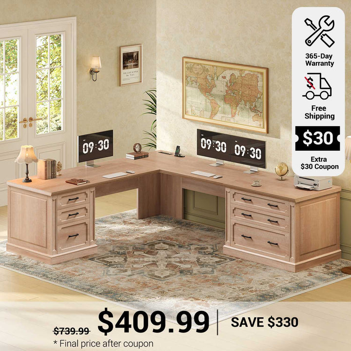 SEDETA 78.7 Inch Farmhouse Wood Corner Computer Desk L Shaped Executive Desk with 6 Storage Drawers Power Outlet for Home Office