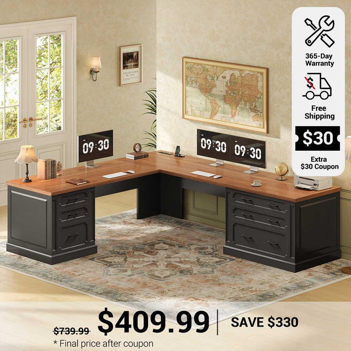 SEDETA 78.7 Inch Farmhouse Wood Corner Computer Desk L Shaped Executive Desk with 6 Storage Drawers Power Outlet for Home Office