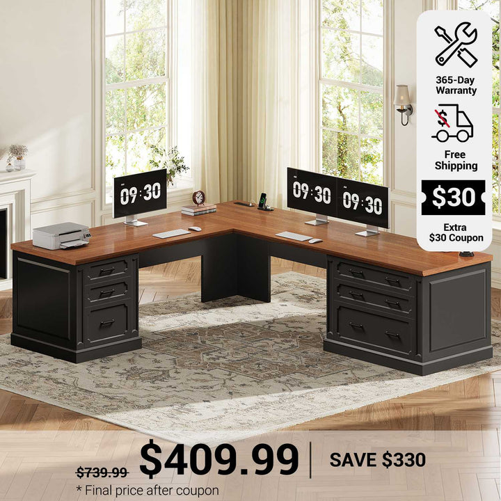 SEDETA 78.7 Inch Farmhouse Wood Corner Computer Desk L Shaped Executive Desk with 6 Storage Drawers Power Outlet for Home Office