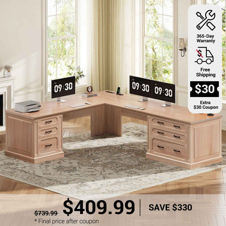 SEDETA 78.7 Inch Farmhouse Wood Corner Computer Desk L Shaped Executive Desk with 6 Storage Drawers Power Outlet for Home Office