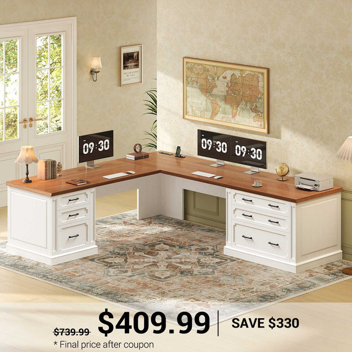 SEDETA 78.7 Inch Farmhouse Wood Corner Computer Desk L Shaped Executive Desk with 6 Storage Drawers Power Outlet for Home Office