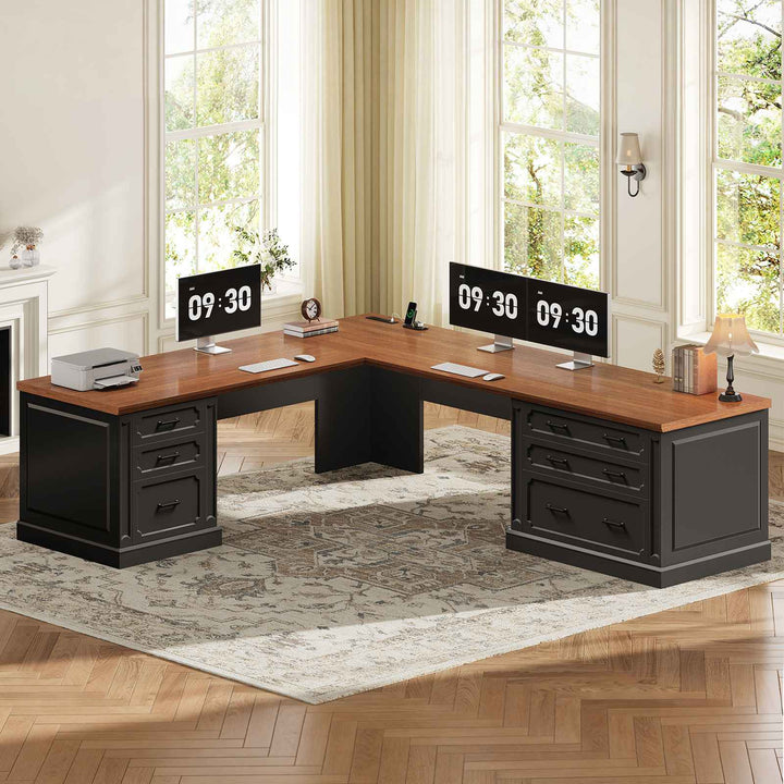 SEDETA | 78.7 Inch Corner Wood Computer Desk Farmhouse L Shaped Executive Desk with Power Outlet 6 Storage File Drawers