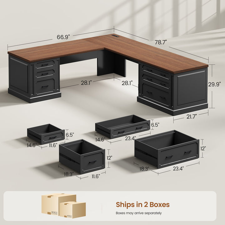 SEDETA | 78.7 Inch Corner Wood Computer Desk Farmhouse L Shaped Executive Desk with Power Outlet 6 Storage File Drawers