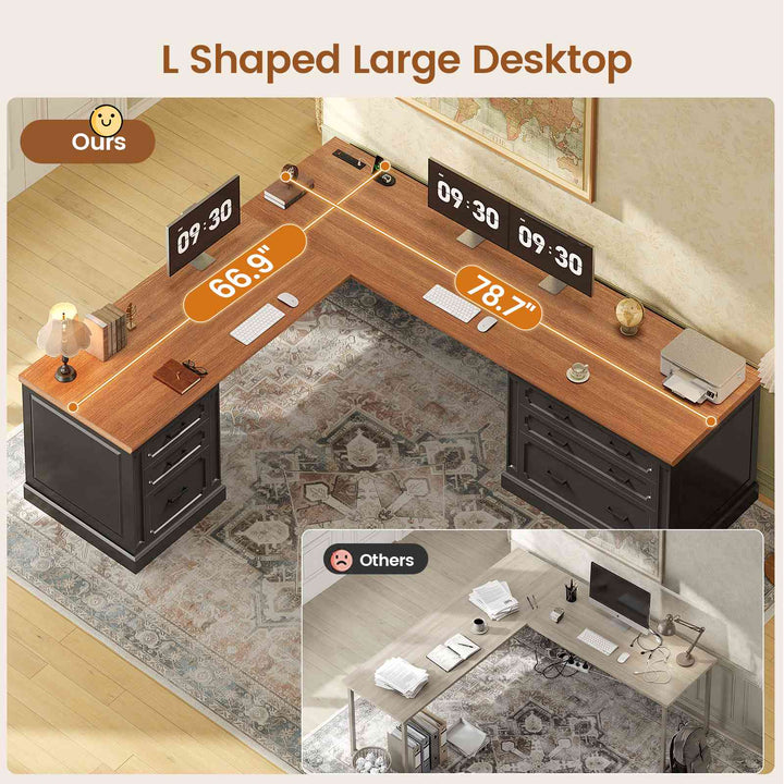 SEDETA | 78.7 Inch Corner Wood Computer Desk Farmhouse L Shaped Executive Desk with Power Outlet 6 Storage File Drawers
