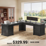 SEDETA | 67 Inch L Shaped Computer Desk with 4 File Drawers, American Style Large Executive Desk with Power Strip & Storage Cabinet