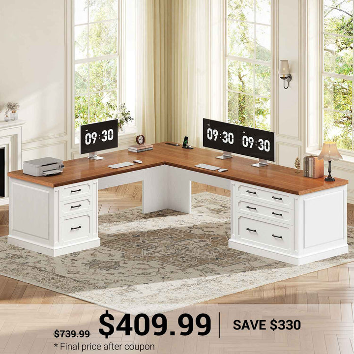 SEDETA 78.7 Inch Farmhouse Wood Corner Computer Desk L Shaped Executive Desk with 6 Storage Drawers Power Outlet for Home Office